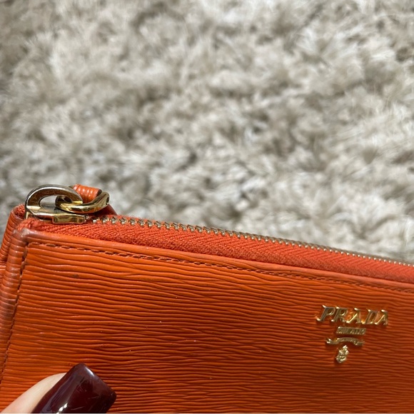 Prada Saffiano Long Continental Zip Wallet Orange Leather Gold Logo - Picture 5 of 13